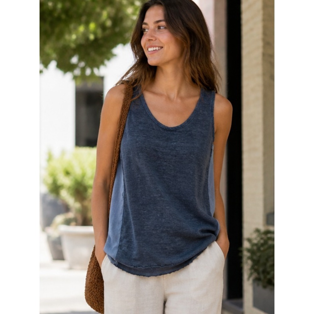 120% Lino Women Italian Linen Sheer Sleeveless Tunic Top Medium Summer Boho Chic